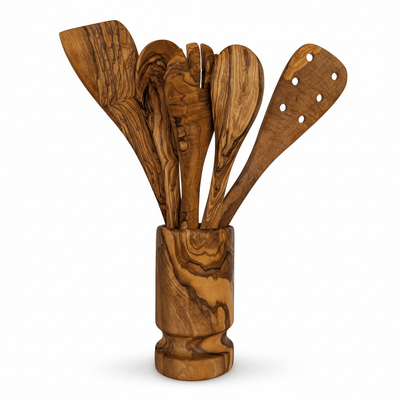 Olive Wood Kitchen Servers Set w/Holder -6 Pcs