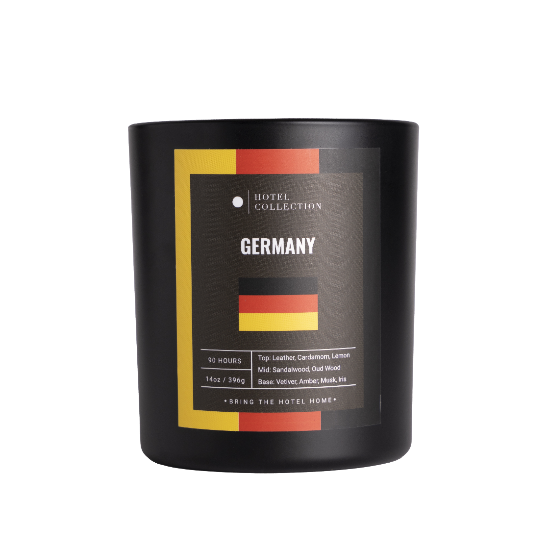 Black candle with 'Hotel Collection' label featuring Germany design on a white background