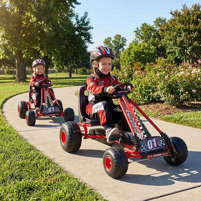 Go Kart for Kids 4 Wheels Pedal with Adjustable Seat and Multi-Terrain Wheels-Red