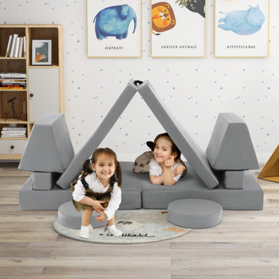 10-Piece Kids Play Couch Sofa with Portable Handle-Gray