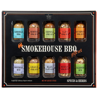 Smokehouse BBQ Gourmet Grilling Spice Set | 10-Set | Glass Bottle Seasonings, Grill Seasoning Flavors Include Caribbean, Jamaican Memphis, Jalapeno Rub, Montreal, Cajun Chili Garlic & More