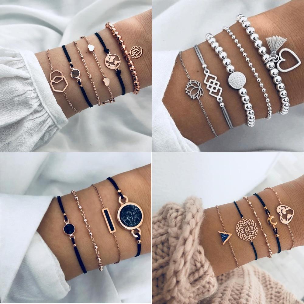 Boho Rose Map Bracelets & Bangles for Women Bohemian Round Charm Bracelet Set Fashion Multilayer Accessories Luxury Jewelry