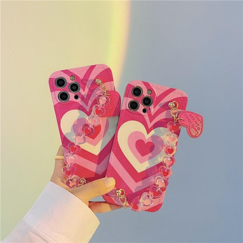 Cute Heart Chain Cute Case Luxury 3D Love Heart Wristband Girl Soft Case For iPhone 14 13 11 12 Pro Max 7 8 Plus Xr X Xs Silicone Phone Cover Cute Case Luxury Hearts Case Camera Cover Protective Soft Slim Girly Case Designed for iPhone