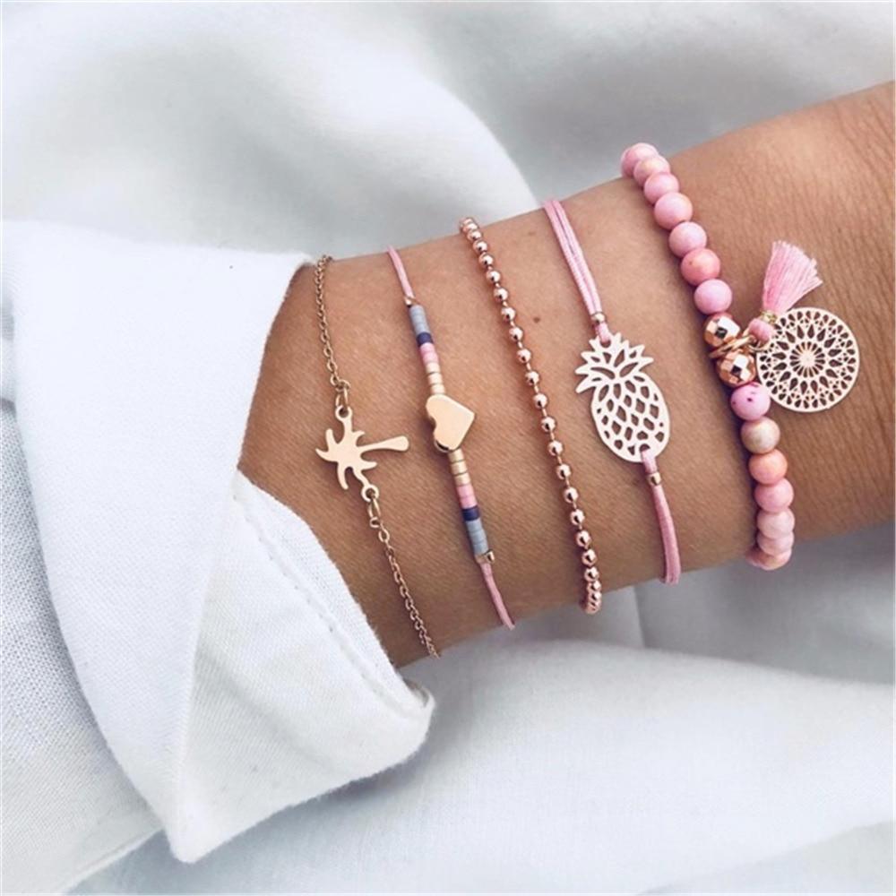 Fashion Bohemia Leaf Round Knot Cuff Bangle Gold Chain Charm Bracelet for Women Simple Geometric Bracelets Luxury Jewelry