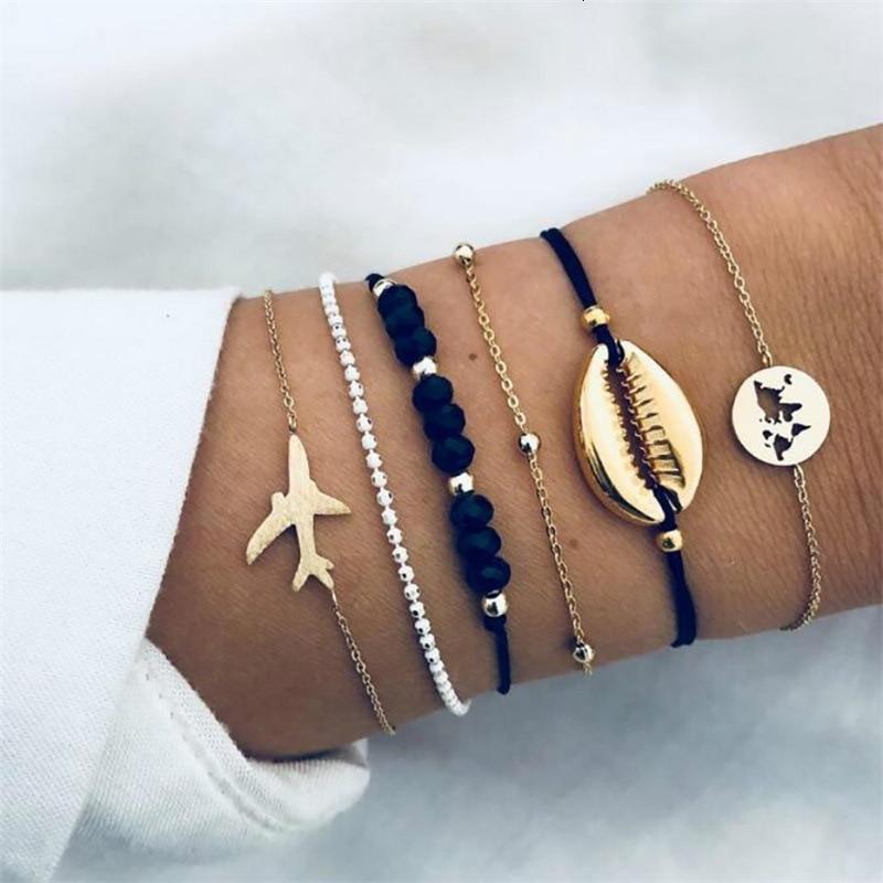 Boho Rose Map Bracelets & Bangles for Women Bohemian Round Charm Bracelet Set Fashion Multilayer Accessories Luxury Jewelry