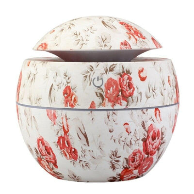 Handmade Print Colorful Rose Mini USB Aroma Essential Oil Diffuser Ultrasonic Air Humidifier Mist Maker Aroma 7 Color LED Light Home Office Decor Diffuser for Living room and Bedroom