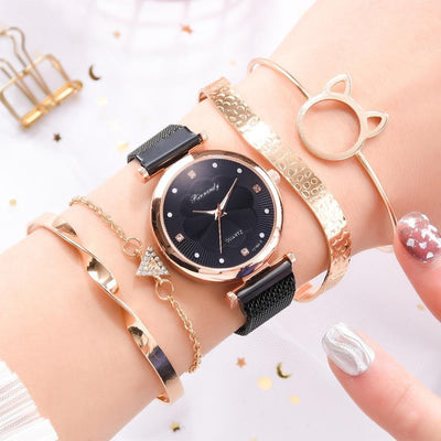 Fashion Set Women Watches Luxury Magnet Buckle Flower Rhinestone Watch Ladies Quartz Wrist Watch WIth Bracelet In Set For Women and Girls