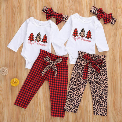 Newborn Baby Boys Girls Christmas Tree Printed Pullover Top and Leopard Pants Christmas Outfits 3pcs