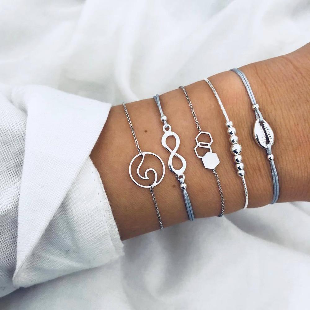 Fashion Bohemia Leaf Round Knot Cuff Bangle Gold Chain Charm Bracelet for Women Simple Geometric Bracelets Luxury Jewelry