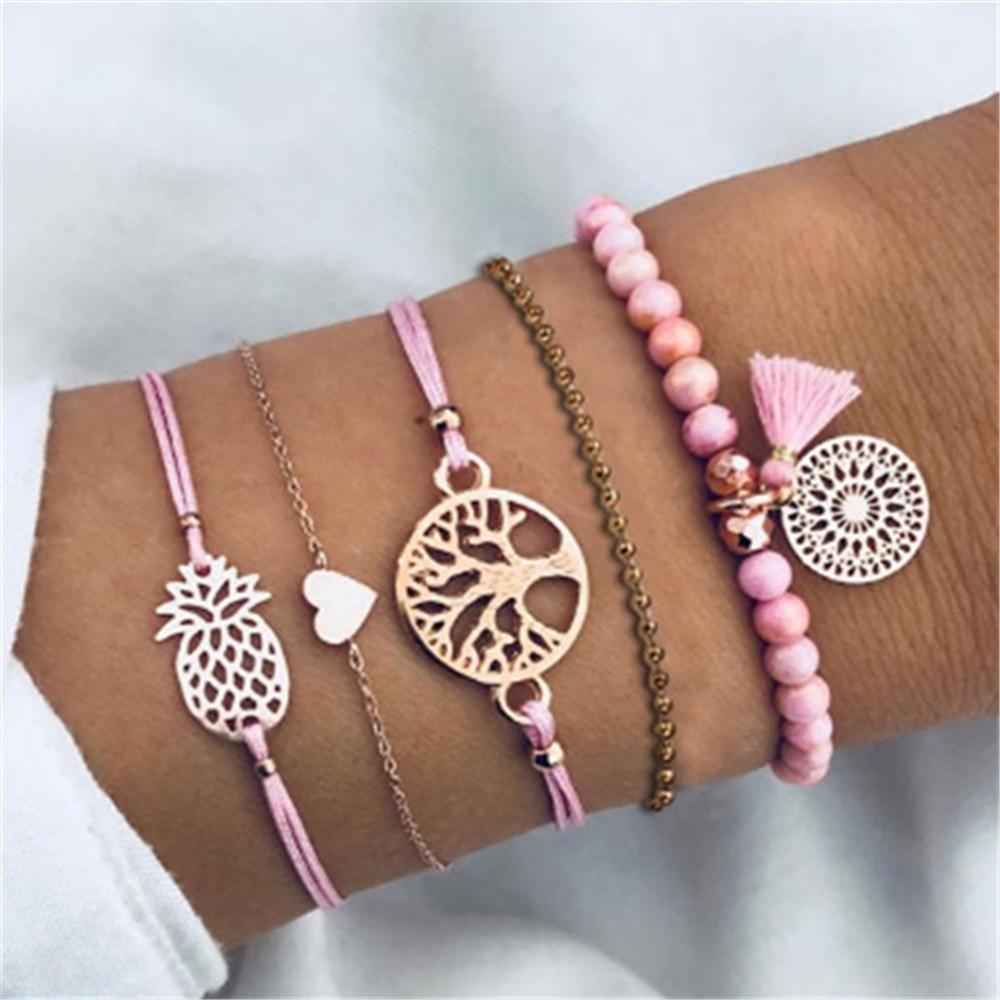 Fashion Bohemia Leaf Round Knot Cuff Bangle Gold Chain Charm Bracelet for Women Simple Geometric Bracelets Luxury Jewelry