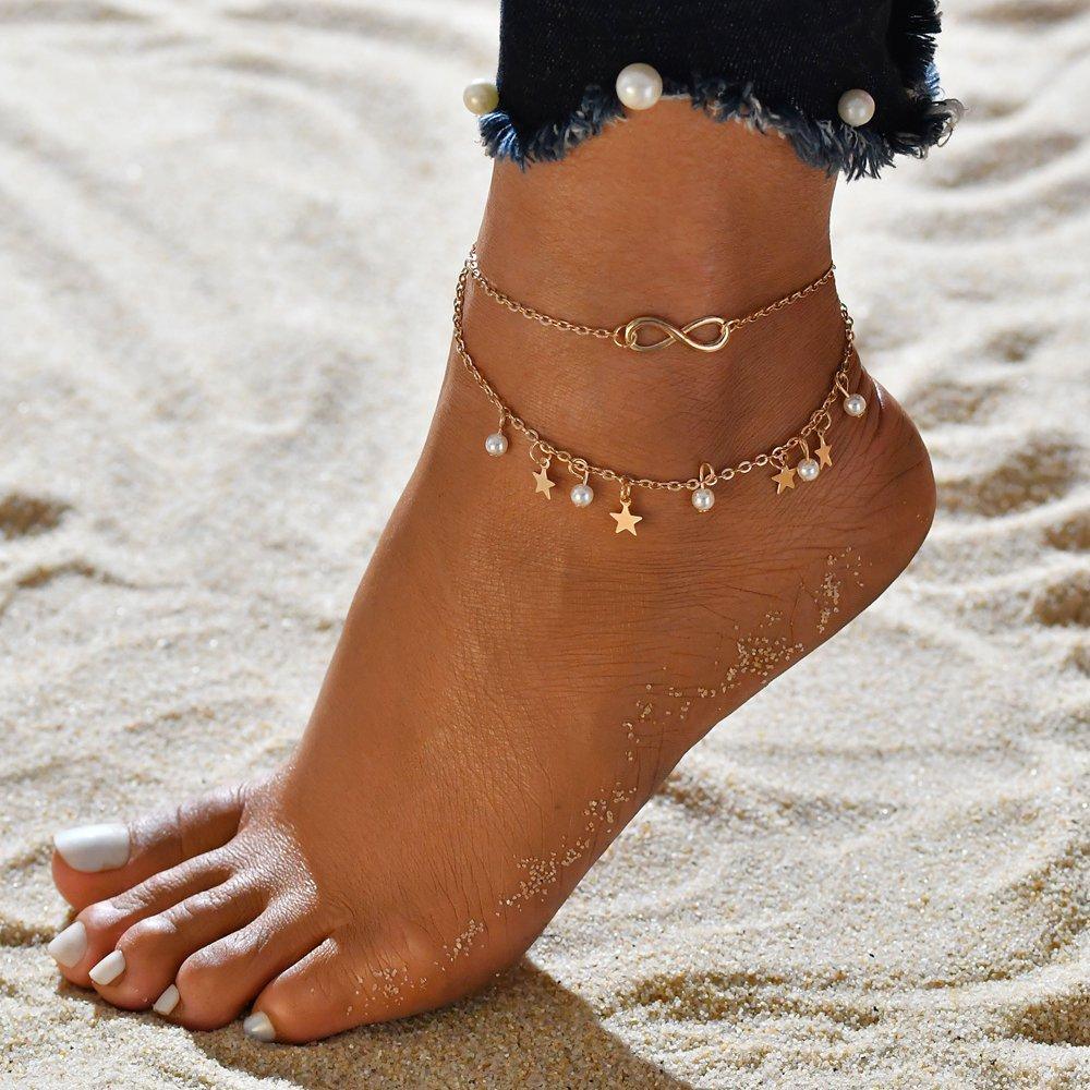 Gold Metal Shell Coconut Tree Female Anklets Barefoot Sandals Foot Summer Double Layers Foot Bracelets Leg Jewelry