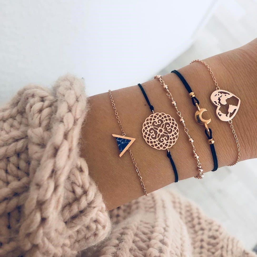 Boho Rose Map Bracelets & Bangles for Women Bohemian Round Charm Bracelet Set Fashion Multilayer Accessories Luxury Jewelry