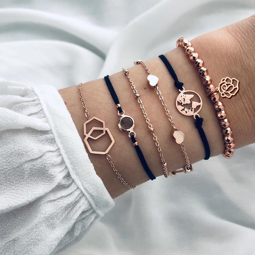 Boho Rose Map Bracelets & Bangles for Women Bohemian Round Charm Bracelet Set Fashion Multilayer Accessories Luxury Jewelry