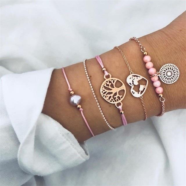 Boho Rose Map Bracelets & Bangles for Women Bohemian Round Charm Bracelet Set Fashion Multilayer Accessories Luxury Jewelry