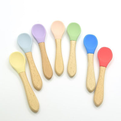 2PCS Bamboo Training Spoons Organic Soft Baby Feeding Silicone Tip Spoon Scoop Easy Grip Handle Toddlers Infant Gifts For Parents And Baby Boys Or Girls