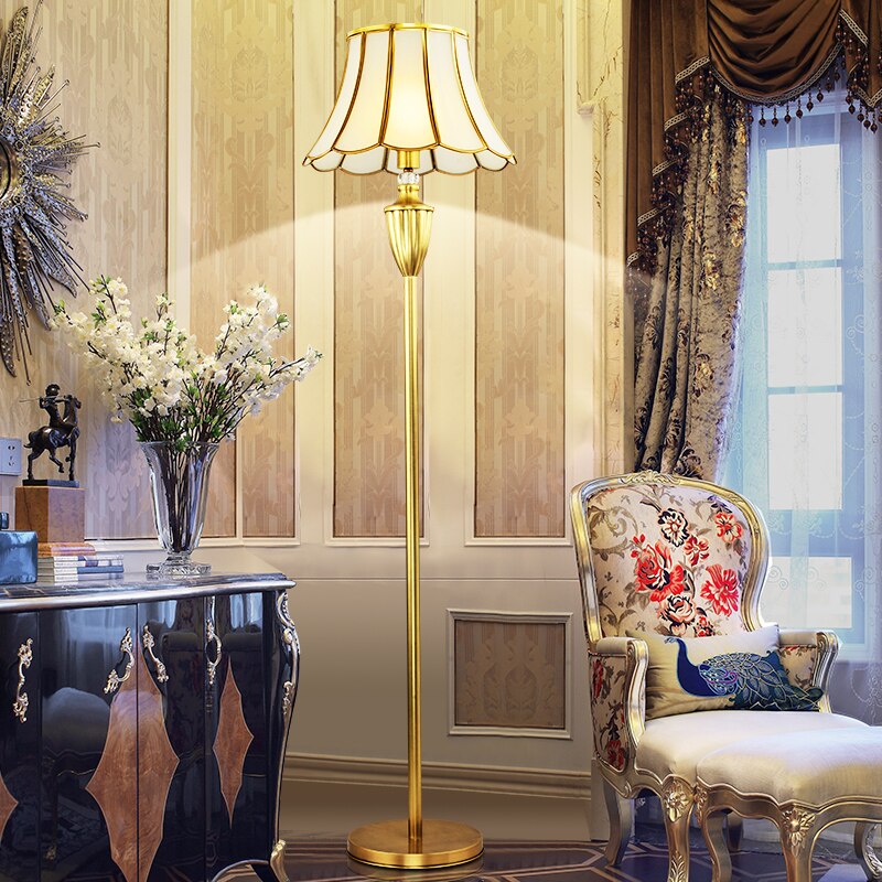 European Floor Lamp Living Room Sofa Bedroom Study Bedside Fixtures American Vertical Glass Table Lamp Full Copper Desk Light