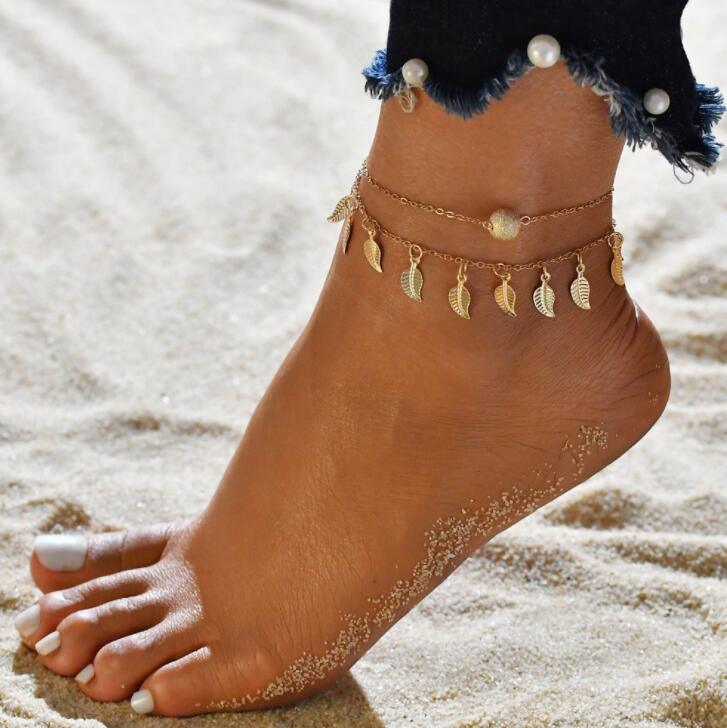 Gold Metal Shell Coconut Tree Female Anklets Barefoot Sandals Foot Summer Double Layers Foot Bracelets Leg Jewelry