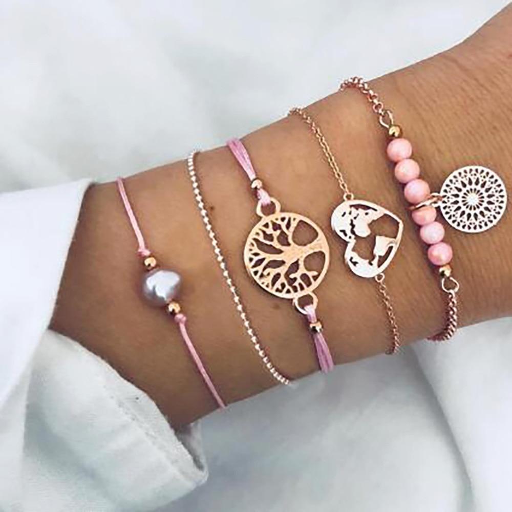 Fashion Bohemia Leaf Round Knot Cuff Bangle Gold Chain Charm Bracelet for Women Simple Geometric Bracelets Luxury Jewelry