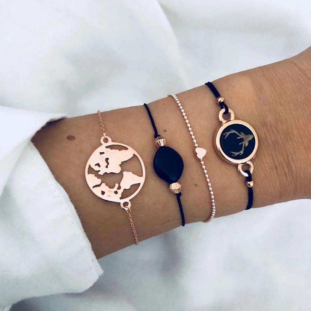Boho Rose Map Bracelets & Bangles for Women Bohemian Round Charm Bracelet Set Fashion Multilayer Accessories Luxury Jewelry