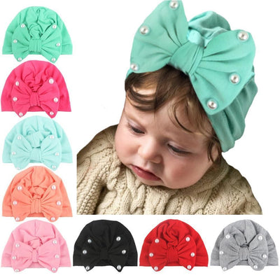 Modern Baby Hats Cute Rabbit Bow Knot with Pearls Baby Girl Hat with Pearls for Kids In Diamond Luxury Style