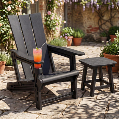 HDPE Outdoor Adirondack Chairs with Cup Holder-Black