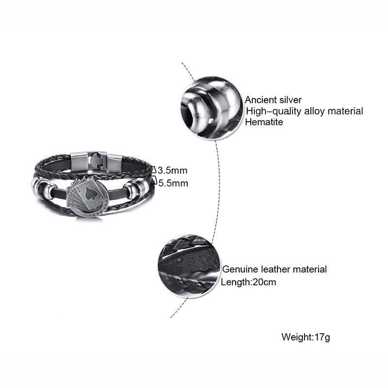 Lucky Vintage Men's Leather Bracelet Playing Cards Charm Multilayer Braided Men and Women Gift
