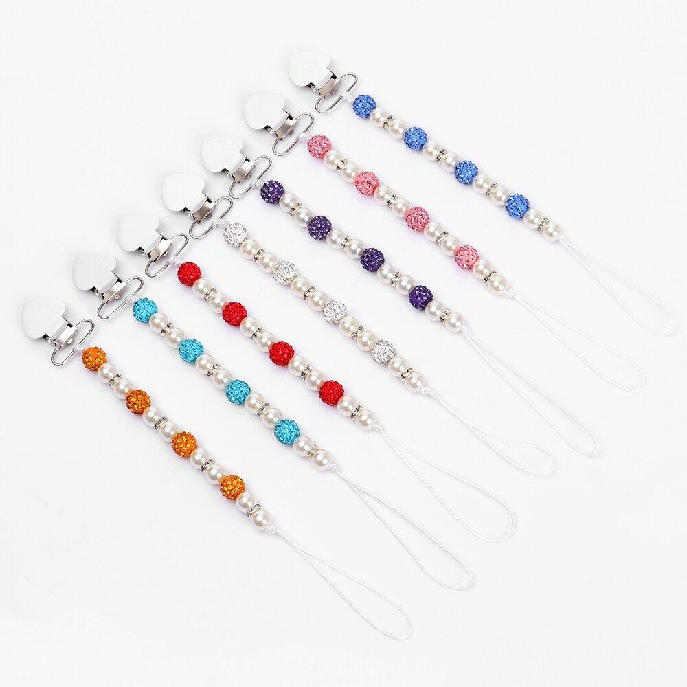 Handmade Shiny Pacifier Clip Chain Infant Nipple Holder Wooden Beaded Crystal Nipple Leash Strap Metal Pacifier Clips For Baby