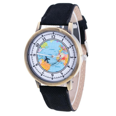 Fashion Casual Watches Women Casual Wristwatch Personality World Map With Airplane Pattern Cowboy Band Quartz Watch For Woman and Girls