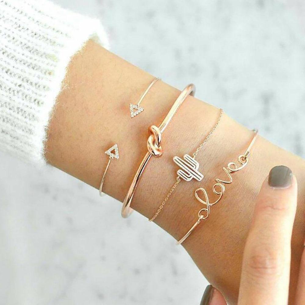 Fashion Bohemia Leaf Round Knot Cuff Bangle Gold Chain Charm Bracelet for Women Simple Geometric Bracelets Luxury Jewelry