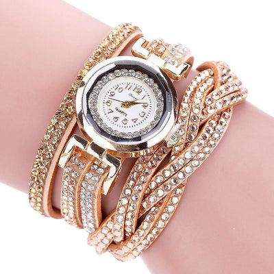 Fashion Casual Gold Quartz Women Rhinestone Watch Braided Leather Bracelet Watch Gift Ladies Wristwatch For Ladies and Women