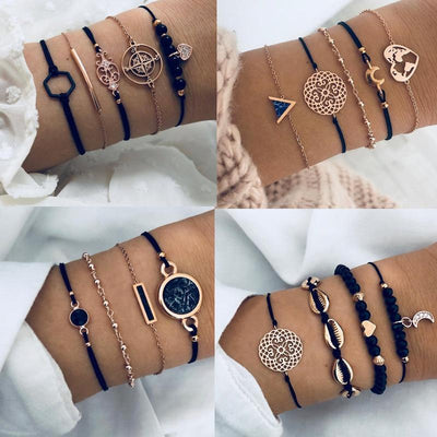 Bohemian Black Beads Chain Bracelets Bangles For Women Fashion Heart Compass Gold Color Bracelets Sets Luxury Jewelry Gifts