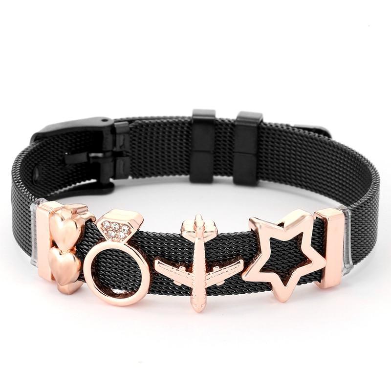 Two-tone Stainless Steel Bracelets For Women Men Golden Love Heart Beaded Ribbon Bracelet & Bangle Gifts