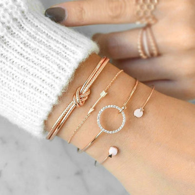 Luxury Modern Gold Crystal Circle Arrow Bracelets Set for Women In Bohemian Pink Opal Adjustable Charm Bracelet Jewelry Style for Women and Ladies