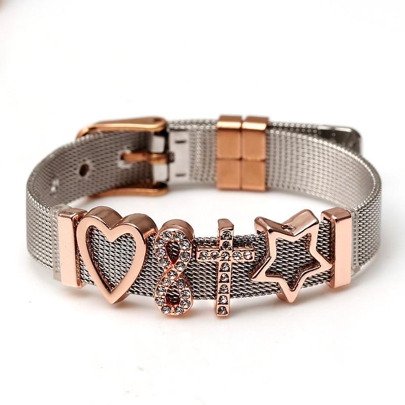 Two-tone Stainless Steel Bracelets For Women Men Golden Love Heart Beaded Ribbon Bracelet & Bangle Gifts