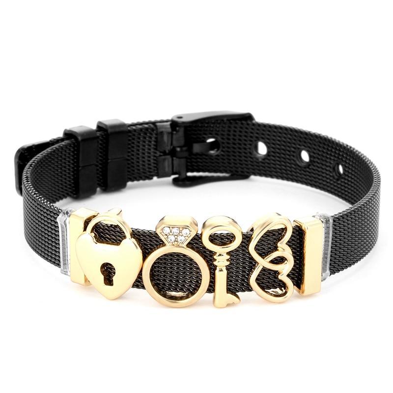 Two-tone Stainless Steel Bracelets For Women Men Golden Love Heart Beaded Ribbon Bracelet & Bangle Gifts