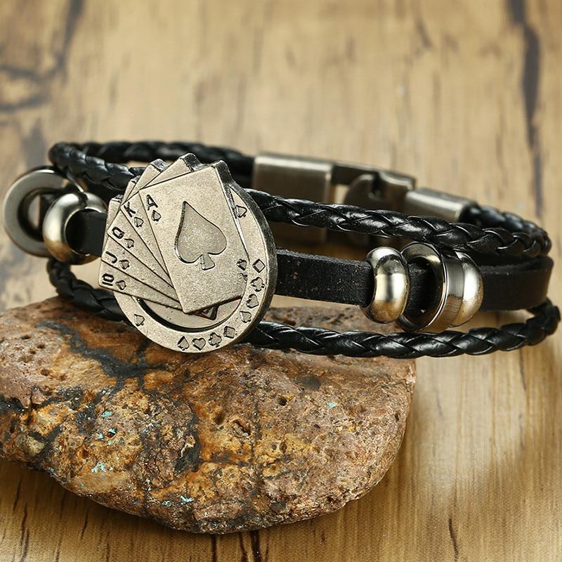 Lucky Vintage Men's Leather Bracelet Playing Cards Charm Multilayer Braided Men and Women Gift