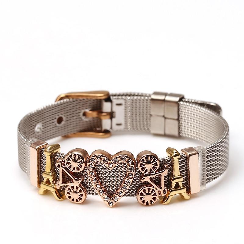 Two-tone Stainless Steel Bracelets For Women Men Golden Love Heart Beaded Ribbon Bracelet & Bangle Gifts