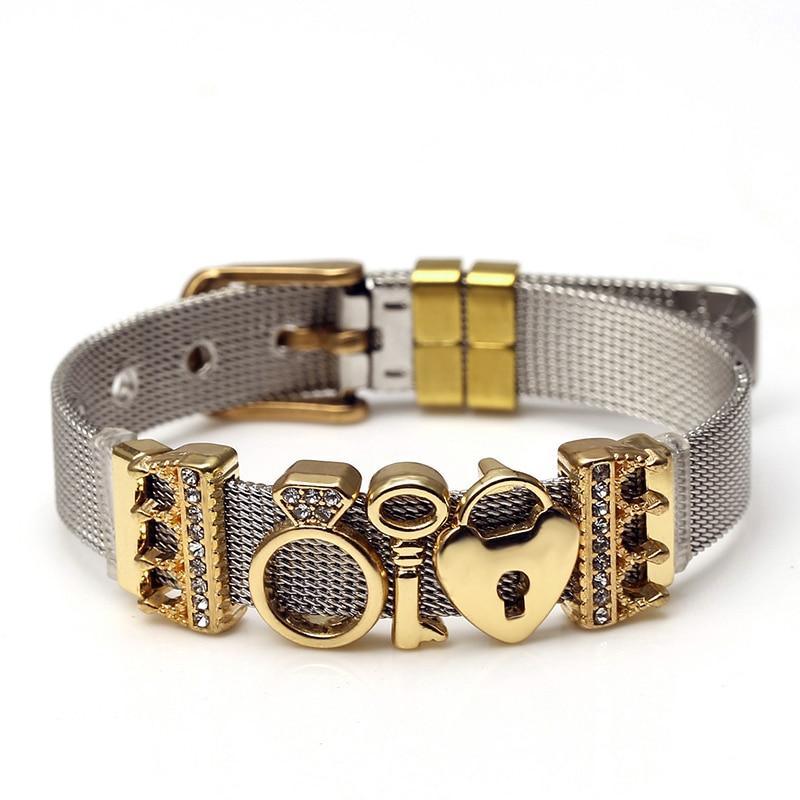 Two-tone Stainless Steel Bracelets For Women Men Golden Love Heart Beaded Ribbon Bracelet & Bangle Gifts