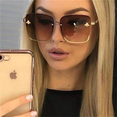 New Fashion Lady Oversize Rimless Square Bee Sunglasses For Women With Small Bee Glasses Design Gradient Sunglasses With UV400