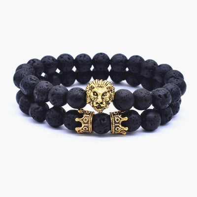 Classic Vintage Elegant Lion Head and Luxury Crown Charm Bracelet Natural Lava Stone Beads Amazing Bracelet Great For Men Fashion Jewelry