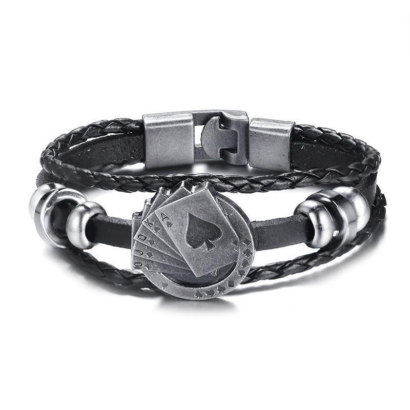 Lucky Vintage Men's Leather Bracelet Playing Cards Charm Multilayer Braided Men and Women Gift