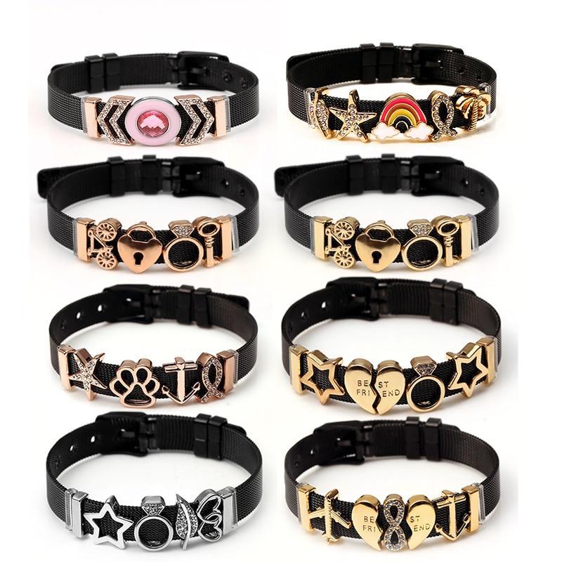 Two-tone Stainless Steel Bracelets For Women Men Golden Love Heart Beaded Ribbon Bracelet & Bangle Gifts