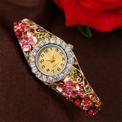 Elegant Watch Gold Luxury Women Watch Colorful Abstract Enamel Paint Crystal Rhinestone Bangle Wristwatches Bracelet Watch For Women Ladies and Girls