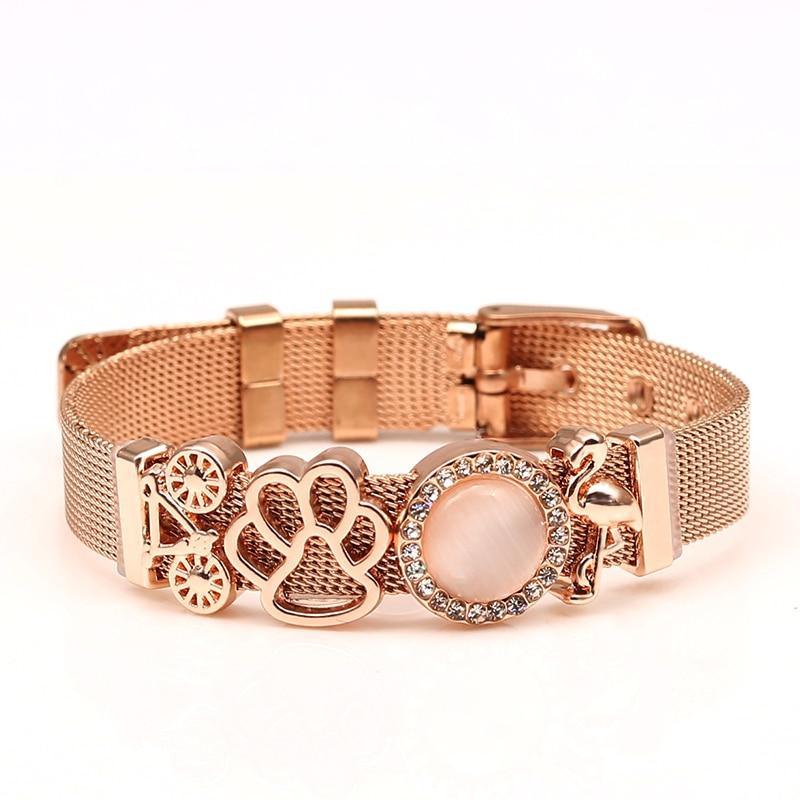 Two-tone Stainless Steel Bracelets For Women Men Golden Love Heart Beaded Ribbon Bracelet & Bangle Gifts