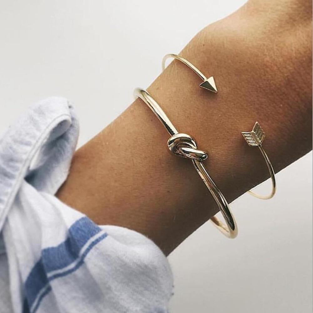 Fashion Bohemia Leaf Round Knot Cuff Bangle Gold Chain Charm Bracelet for Women Simple Geometric Bracelets Luxury Jewelry