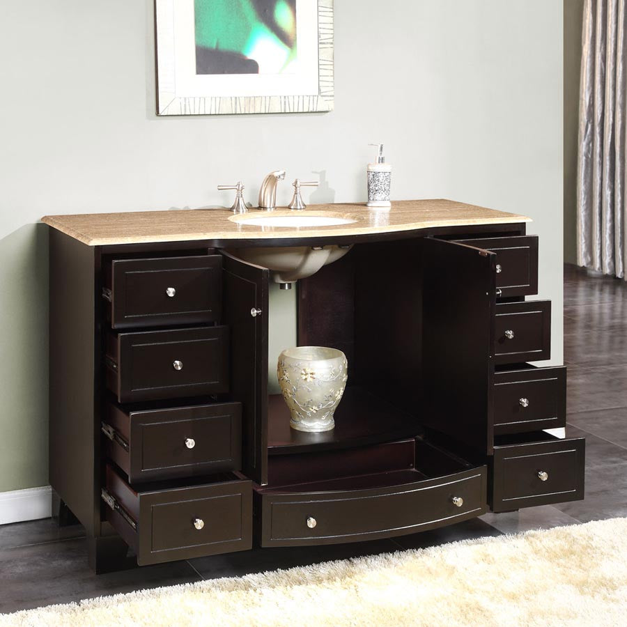 55 in. W x 22 in. D Vanity in Dark Espresso with Stone Vanity Top in Travertine with White Basin