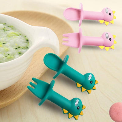 New Baby Feeding Spoon Fork Set Short Easy Cartoon Dinosaur Soft Silicone Teether Toys Non-hurt Training Tableware