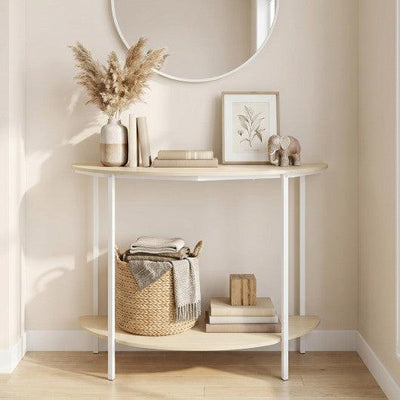 Half Moon Console Table 40 inch 2-Tier Entryway Table with Storage Shelf-Oak