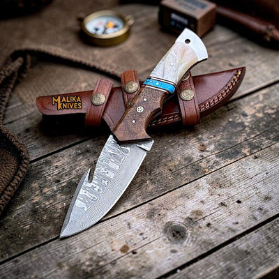 Damascus Gut Hook Hunting Knife with Wood Handle & Sheath