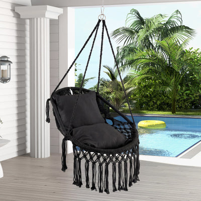 Hanging Hammock Chair with Soft Seat Cushions and Sturdy Rope Chain-Black